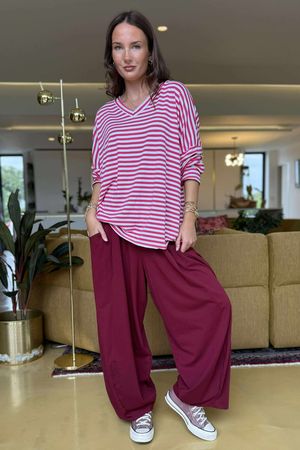 Made in Italy Perfect Breton V Long Sleeve Top Hot Pink - **